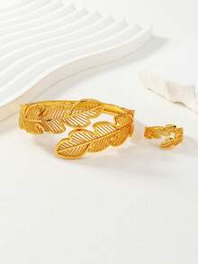 2pcs Middle Eastern Ramadan Hollow Feather Textured Wide Bangle & Ring Jewelry Set, Best Gift For Family And Friends - Yellow Gold - View 2