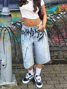 Quần short denim ống rộng dáng Bermuda, chất liệu denim, in chữ và mực đen, túi xéo, thích hợp mặc hàng ngày, đi chơi hoặc cho mùa xuân hè, dành cho nữ. - Màu xanh nhạt - Xem 3