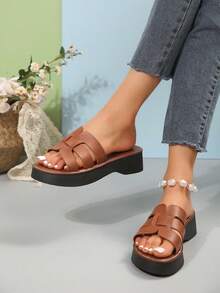 New Women Slip-On Thick Sole Sandals Slippers, Solid Color Beach & Home Wear - Brown - View 4