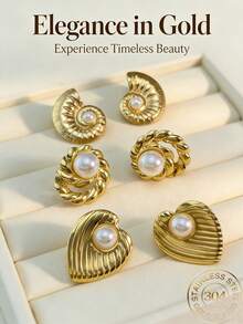 Stainless Steel Gold-Plated Declaration Heart-Shaped Stud Earrings, Women's Pearl Earrings, Low-Allergenic Jewelry Gift, Suitable For Sensitive Ears(1/3pairs) - Multicolor - View 5