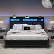 Upholstered Bed Frame With Charging Station, LED Bed Frame With Storage Headboard, Metal Platform Bed Frame With Heavy Duty Metal Slats, No Box Spring Needed, Easy Assembly, Black/ White/ Beige, Twin/ Full/ Queen/ King - 黑色 - 查看 13