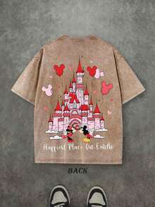 Disney UNIHLO  Valentine's Day Love You  Printed Summer Heavyweight Retro Washed Street Fashion Casual T-Shirt - 摩卡棕 - 查看 3