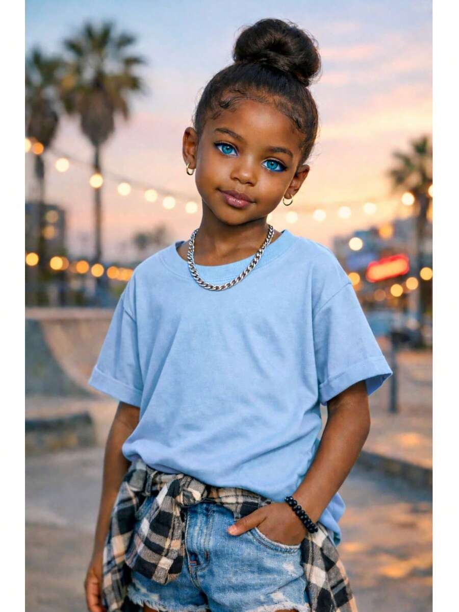 Girls' Streetwear T-Shirt, 100% Cotton, Sizes 2 To 16. Lightweight And Cool For Children And Teenagers. - 淺藍色 - 查看 1