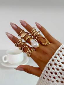 Bộ 6 nhẫn đính đá quý hình học cổ điển, nhẫn kim loại màu vàng cho nữ, thích hợp để trang trí hàng ngày và tiệc tùng, bộ trang sức quà tặng - Vàng - Xem 16