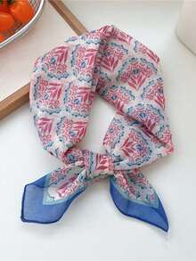 1条58x58厘米女士孔雀花卉印花头巾，亚麻布材质，可作头带、颈巾，适合日常使用 - 彩色 - 查看 6