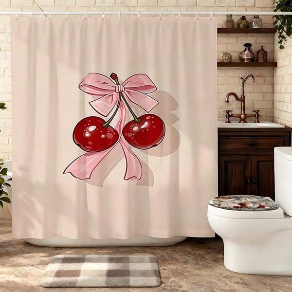 1pc Pink Bow Cherry Shower Curtain With Hooks, Retro Girly Bathroom Shower Curtain, Glossy Cherry Bow Bathroom Curtain For Feminine Bathroom Decor, Soft Pastel Bath Accessories, Adorable Bath Supplies For Valentine's Day, Gentle Shower Curtain For Sweet Bathrooms, Premium Bathroom Shower Curtain For Romantic Home Makeover