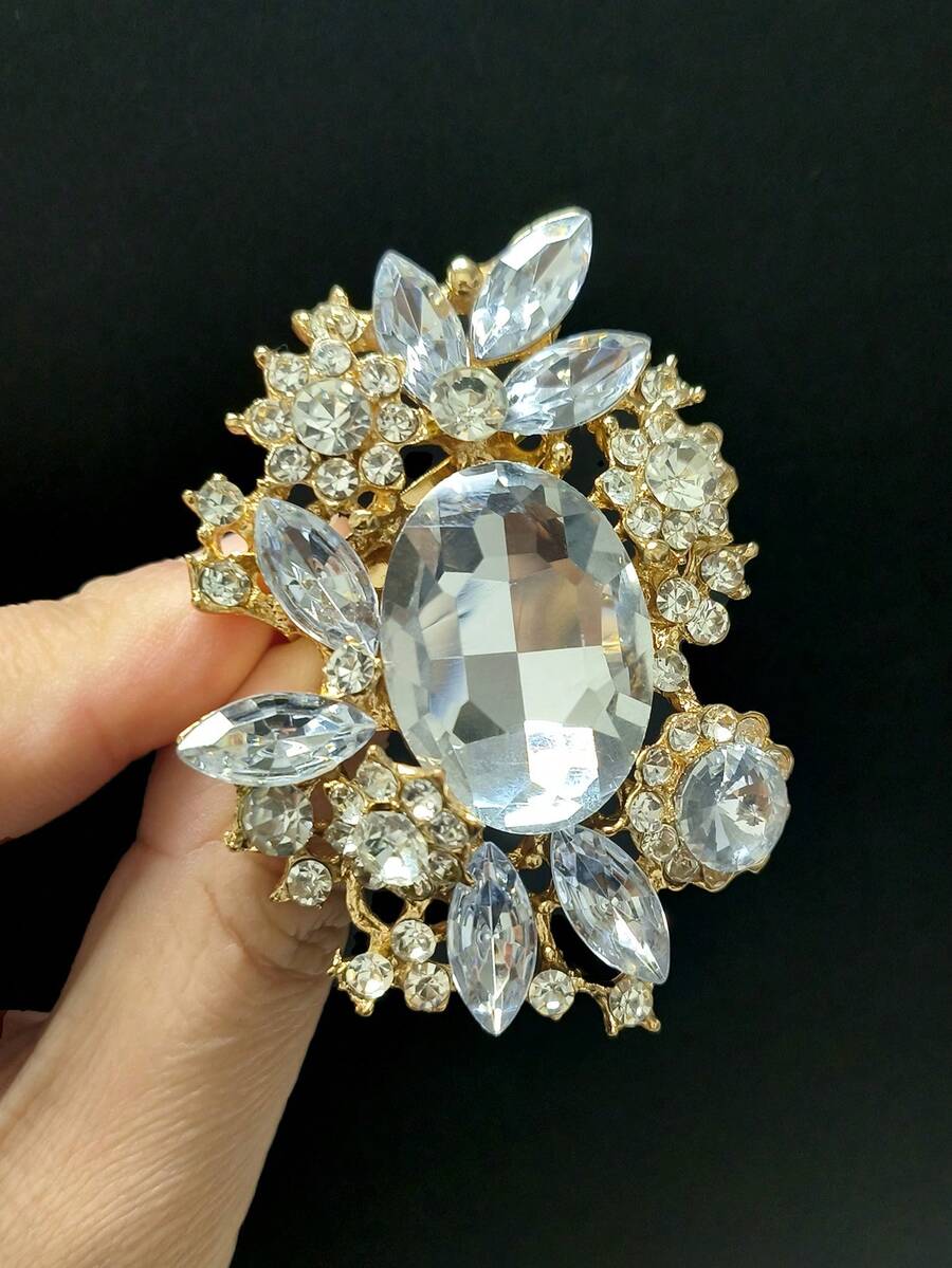 Broches de flor con diamante de imitación elegantes para mujeres, unisex, alfileres de cristal de lujo con cristales para banquetes, accesorios de ropa, insignias para reuniones con amigos, nuevos regalos - Dorado - Ver 1