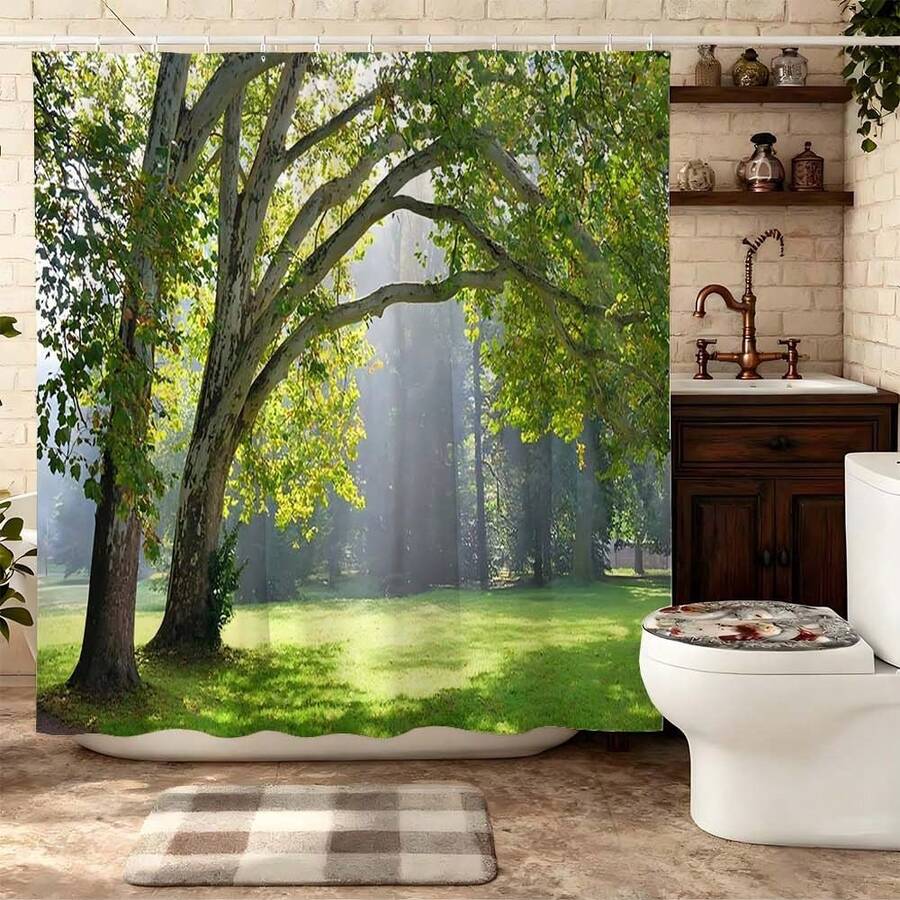 1 Stück Duschvorhang mit Sonnenwald Paulownia Baum, Natürlicher Stil Badezimmer Duschvorhang, Morgennebel Grüne Wiese Badezimmer Vorhang, Geeignet für frische Badezimmer Dekoration, Leuchtend grünes Blatt Badezimmer Accessoires, Entspannende Badezimmer Artikel, Geeignet für rustikalen Stil Badezimmer ruhiger Duschvorhang, Strapazierfähiger rustikaler Stil Heim Badezimmer Duschvorhang - Grüne Knospen - Übersicht 1