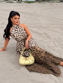 AIJ Vestido de mujer Amarilo con estampado de leopardo degradado, sin mangas, corte evasé, adecuado para fiestas, eventos, citas y vacaciones de verano, elegante - Marrón - Ver 6