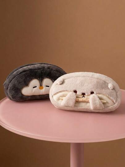 Joivida 1个可爱企鹅和水獭毛绒铅笔盒，简约大容量铅笔袋，适合中小学生使用