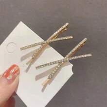 2Pcs/Hanfu Style Hair Clip; Simple Cross-Shaped One-Piece Clip; Water Diamond Hairpin; Bangs Clip; Fringe Clip; Side Clip; Accessory - 金色 - 查看 9
