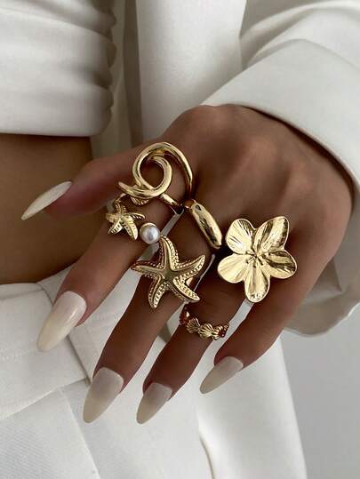 Set de 6 anillos de estilo bohemio con elementos oceánicos como estrellas de mar y conchas, anillos de flores de metal elegantes, set de anillos apilables, adecuados para atuendos diarios y de fiesta de mujeres, accesorios de joyería para vacaciones de verano