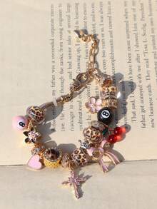 1pc Leopard Print Bow Heart Charm Bracelet, 1pc Cute Red Cherry Bracelet, 1pc Lucky Number 777 Bracelet, 1pc Birthstone Bracelet, 1pc Cute Bow Bracelet, 1pc Fashionable Leopard Print Music Festival Heart Bracelet - Gold - View 7