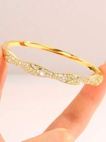 Camhanno 5/1pc Golden Jewelry Set, Elegant Copper Bangle, Perfect For Daily Commuting, Ideal Valentine's Day Gift With Intricate Woven , Subtle Sparkling - Gold - View 3