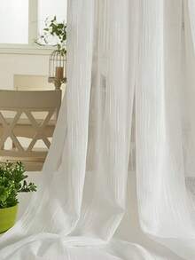 2/28片浪漫简约条纹薄纱窗帘，加厚半透明隐私遮阳帘，适用于阳台、客厅、卧室 - 白色 - 查看 8