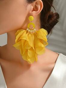 1对手工制作黄色雪纺布花朵流苏耳环，适合女性参加派对、舞会、热带海滩度假等场合，波西米亚风格饰品 - 黃色 - 查看 6