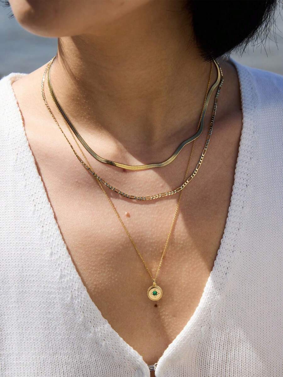 3pcs/Set Stainless Steel Geometric Pendant Necklace Set With Layered Cross Chain, Green Zirconia Inlaid, Suitable For Women Casual & Holiday Wear - Yellow Gold - View 1