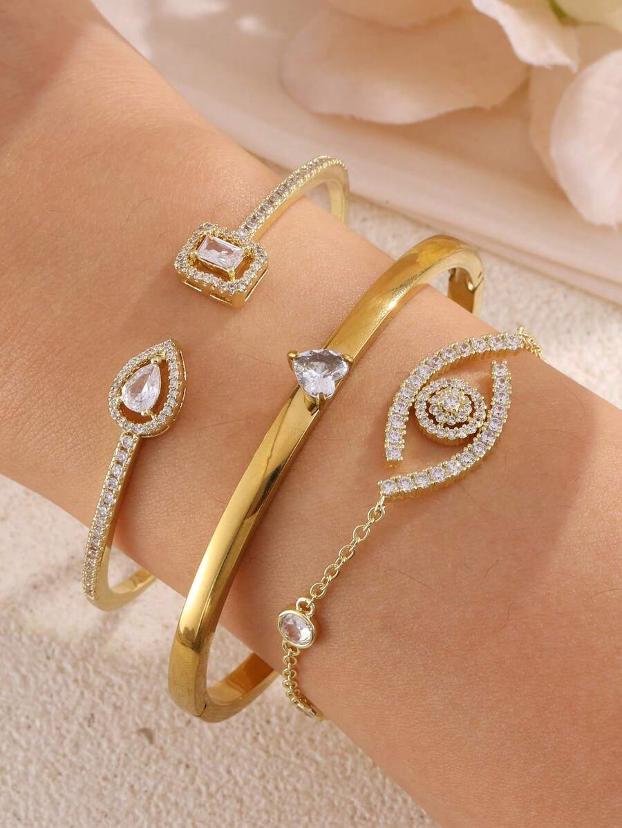 rakol 3件套开口手镯，铜质锆石镀18K金，深受优雅女孩喜爱