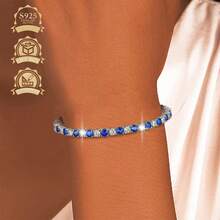 1pc Minimalist 925 Sterling Silver Cubic Zirconia Geometric Square Tennis Chain Bracelet For Women, Versatile For Daily Wear, Gift, Party, Vacation, Valentine's Day - Blue - View 2