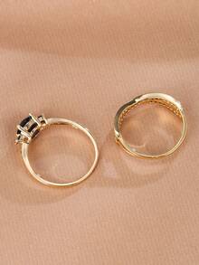 2pcs Women's Versatile Zirconia Stone Rings, Minimalist For Daily Wear - Gold-blue - View 3