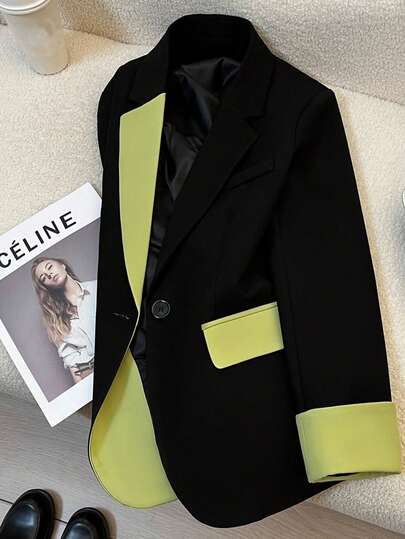 Women's Spring Fashion Black & Green Contrast-Paneled Casual Blazer Coat