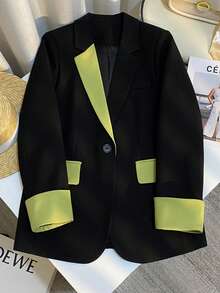 Women's Spring Fashion Black & Green Contrast-Paneled Casual Blazer Coat - Black - View 5