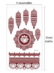 2pcs Floral Design Brown, Red, Burgundy Sexy Toe & Hand Temporary Tattoo Stickers, Suitable For Women, Henna Inspired Flower Print Waterproof Tattoo Stickers, Brown Tattoo Stickers For Body Art, Wedding Party - Red - View 8