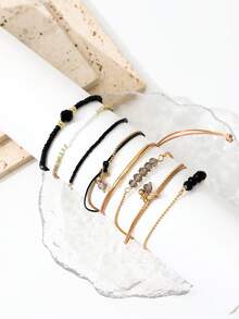 7pcs Handmade Beaded Bracelet Set, Black Crystal Beads, Rice Beads, Contrast Color Pendant, Minimalist Ins Style - Gold - View 5