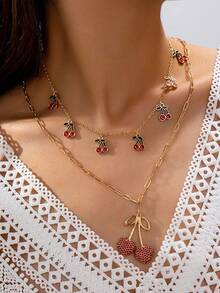 1 Pc Cherry Charm Necklace Pave Rhinestone Heart Shape Cherry Pendant Necklace Women Cherry Necklaces Jewelry - Multicolor - View 1