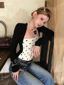 Sexy Polka Dot Print 2 In 1 Long Sleeve Cropped Camisole Knit Top For Women - Black - View 7