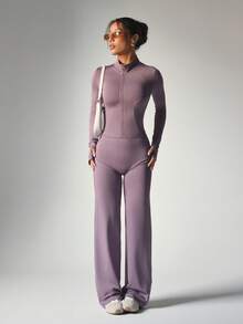 2pcs/Set Taro Purple Zipper Fitted Long Sleeve Top + Loose Wide Leg Pants Yoga Outfit - Mauve Purple - View 8