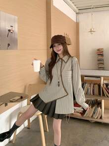 Casual Asymmetrical Hem Striped Loose Fit Long Sleeve Shirt, Versatile Design - Brownish-green - View 4
