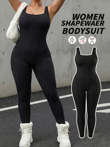 冬季加大码女式无缝提拉塑身连体衣，休闲瑜伽服，适合户外穿着，黑色 - 黑色 - 查看 1