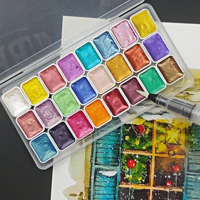 طقم من 24 لون طلاء مائي معدني - ألوان صلبة براقة في حاويات معدنية، مناسبة للرسم الصيني والخط والفن الملون - مخزنة في صندوق شفاف، لوازم رسم بالألوان المائية. استخدام فني احترافي