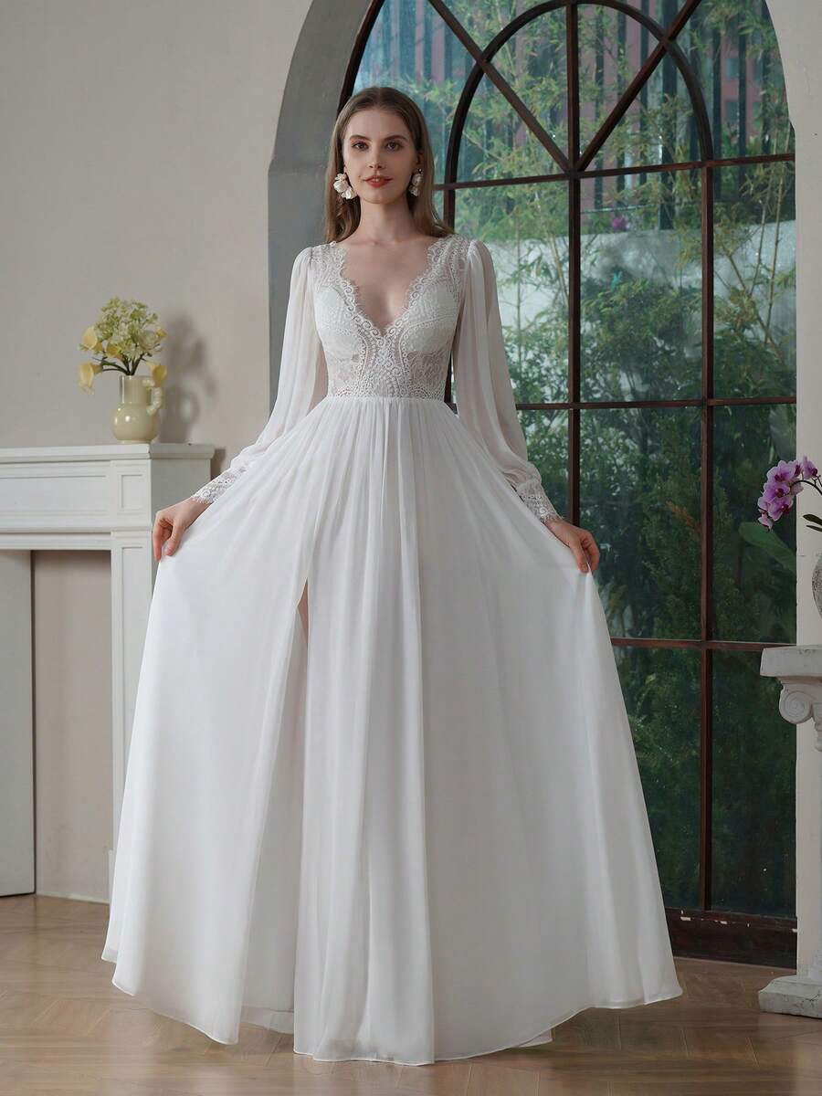 YOUKEFEIER 2026 New High Waist Slit Lace Wedding Dress, White Long Sleeve Short Train Bridal Gown, Slim & Sexy Bohemian Style Dress - Beige - View 1