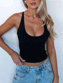 Women's Y2K Halter Scoop Neck Crop Tank Tops Tie Back Sleeveless Summer Cami Tops - màu đen - Xem 4