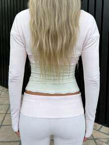 Women Casual V-Neck Long Sleeve Blouse Solid Color Short Top For Daily Streetwear - Hồng - Xem 4