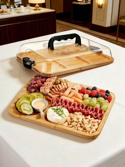 1 pieza Tabla de quesos de bambú con cubierta de acrílico transparente - Bandeja portátil de charcutería para camping, reuniones, restaurantes | Bandeja para aperitivos y snacks, reversible como tabla de cortar, organizador de snacks para fiestas, tapa segura