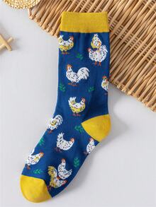 1双男士透气舒适可爱母鸡和青草图案创意袜子，中筒及踝长度，春秋季 - 寶藍色 - 查看 7