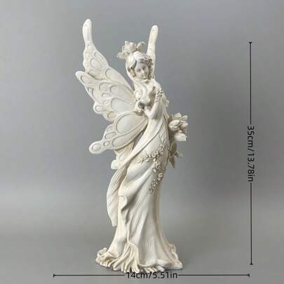 1ชิ้น รูปปั้นมนุษย์มีปีกทำจากเรซินทำมือ, ดีไซน์ชุดเดรสลายดอกไม้, เหมาะสำหรับตกแต่งกลางแจ้งและในร่ม - ห้องนั่งเล่น, ห้องครัว, ห้องนอน, ระเบียง, สวน