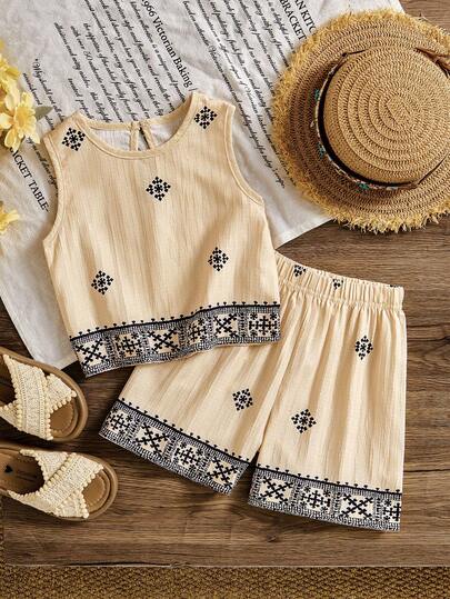 2pcs/Set Young Girls' Retro Print Sleeveless Top And Elastic Waist Shorts Set, Vintage Style Outfit For Outdoor Play, Spring/Summer