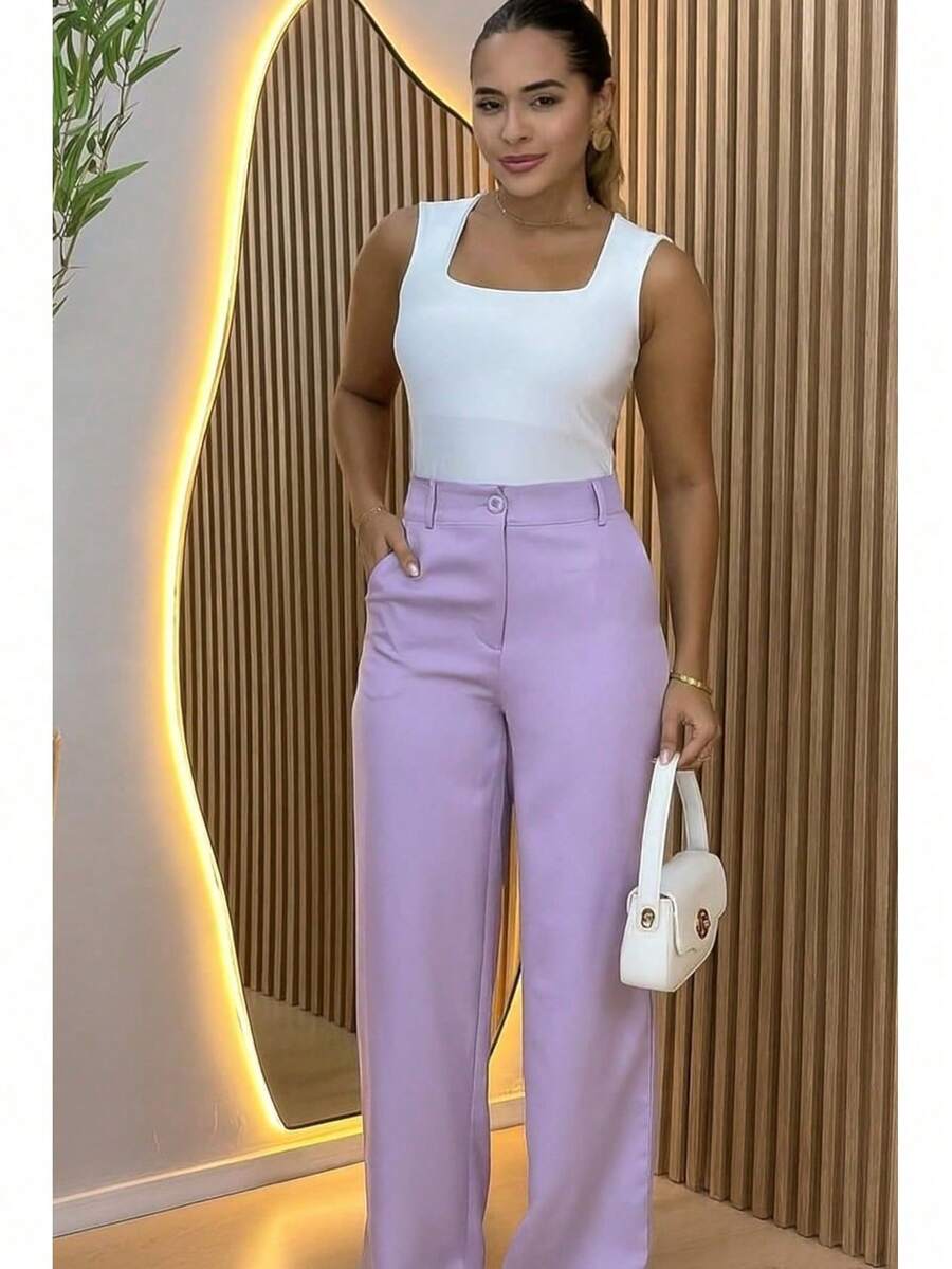 Women's Tailored Dress Pants Fashion Blogger Foreign Fashion Elegant Casual Party Zipper Pocket Button Evening Formal And Night Birthday Party Brunch - 紫丁香 - 查看 1