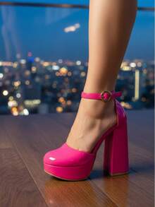 Women's Black High Heels, Closed Toe, Ankle Strap, Round Toe, Comfortable, Round Buckle, Party, Wedding, Spring-Summer Shoes. - 火龍果 - 查看 8