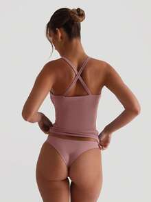 XLLAIS Top deportivo de tirantes cruzados elásticos de unicolor minimalista para mujer, casual de verano - Ver 2