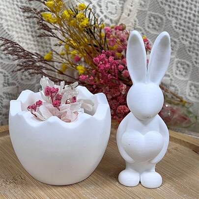 2pcs/Set Heart Hugging Rabbit Figurine Mold & Half Egg Shaped Storage Box Epoxy Resin Mold, DIY Eggshell Candle Holder Mold For Crafters, Easter Holiday Decor, Home Decoration Casting Mold