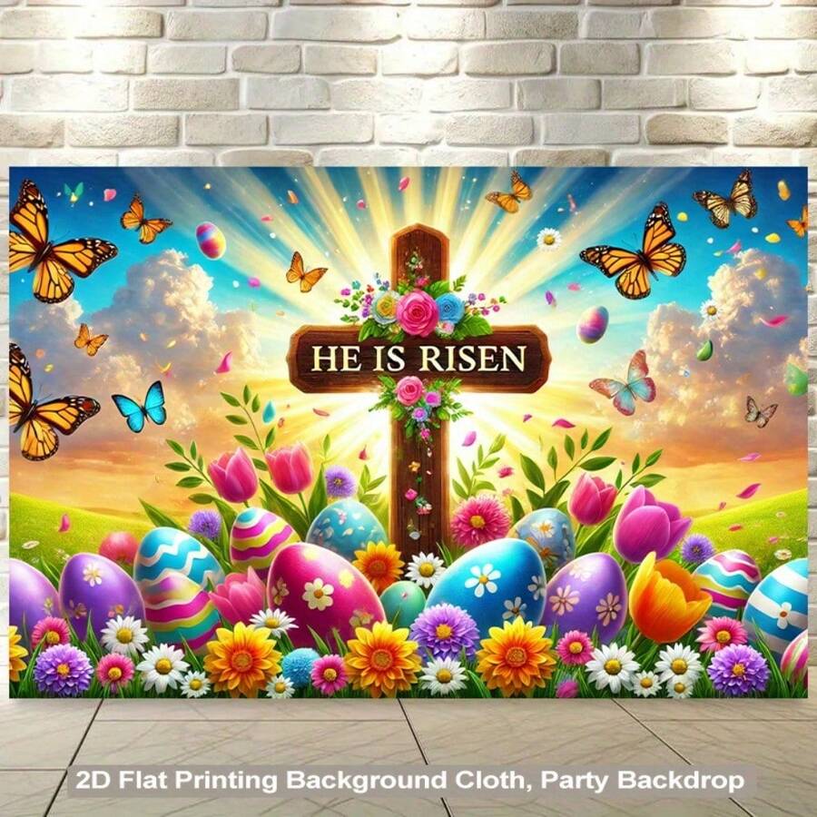 2Dflat, 1pc Easter Cross With Butterfly Eggs Polyester Fabric Backdrop, Vibrant Polyester Fabric For Living Room, Bedroom, Office Or Party Decoration, Party Backdrop