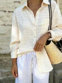 女士杏色格子长袖防晒衬衫，适合海滩、度假、日常穿着、约会、派对等场合。 - 杏色 - 查看 8