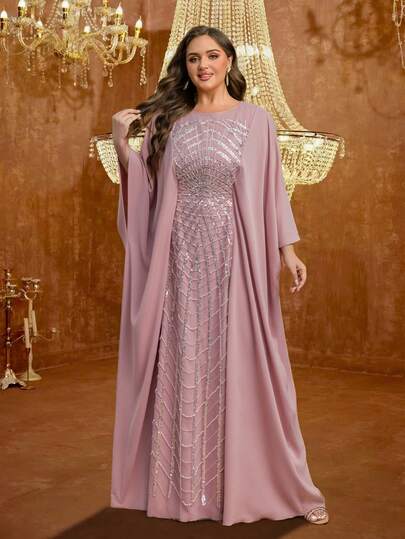 UNITHORSE Plus Size Women Luxury Elegant Sequin Lace Splice Matte Satin Long Sleeve Round Neck Maxi Nightgown Dress