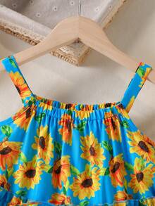 Girls' Summer Sunflower Strap Dress, Multi-Layer Cake Style, Crossbody Small Bag, Fresh Floral Vacation Style Summer Outfit - Multicolor - View 5