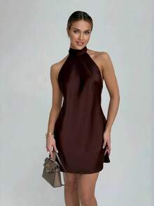 Nuevo vestido corto de mujer de unicolor con cuello halter, sin mangas y ajuste globo - Café - Ver 1